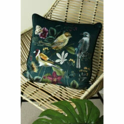 Evans Lichfield Green Multicolour Midnight Garden Birds Piped Velvet Cushion
